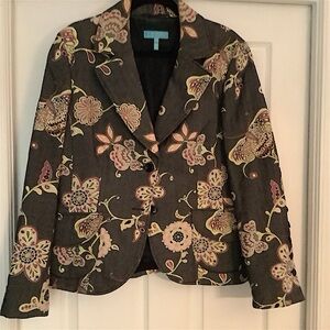Escada Sport sz 44 Dark Gray with Embossed Floral/Butterflies wool Jacket.
